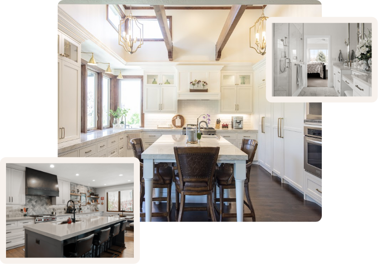 A compilation of images featuring a kitchen, dining area, and living space. Conner Construction Company Pleasant Grove Utah
