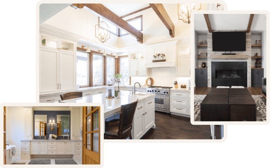A collage of Conner Construction Company's work, featuring a kitchen, living room, and dining room